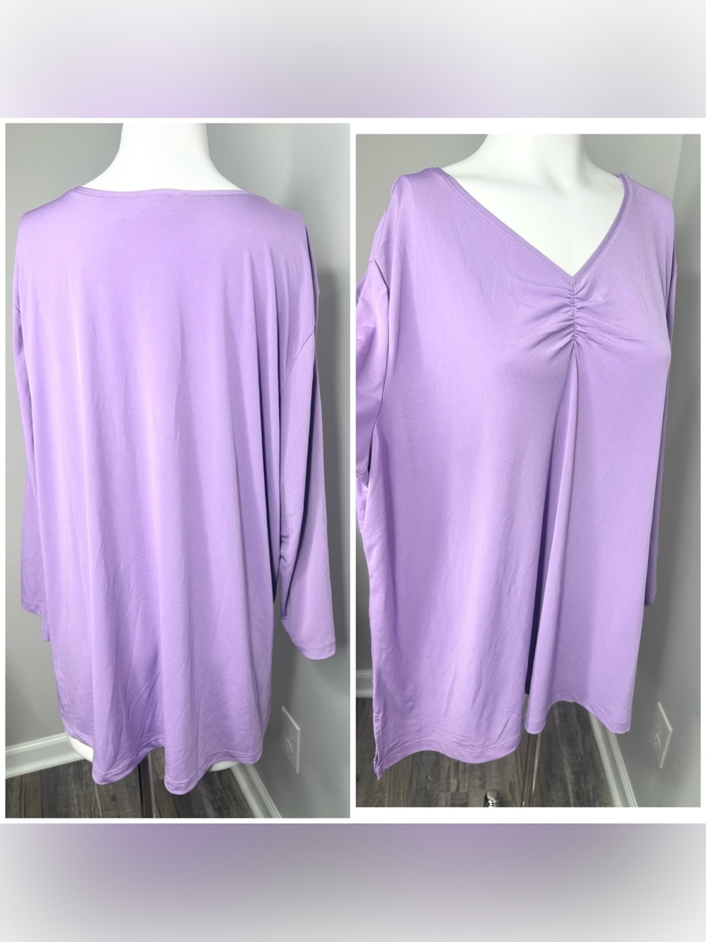 Susan Graver Lavender V-Neck Long Sleeve Ruched Front Top-2X